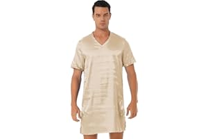 Hularka Men's Silk Satin Nightshirt Nightgown Short Sleeve V-neck Casual Nightwear Top Shirt Sleepwear