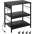 Bakers Rack with Power Outlet Microwave Shelf Stand Black Coffee Bar Table Cart 3 Tier Kitchen Carts on Wheels with Storage and 10 S-Shaped Hooks for Living Room Dining Room Office