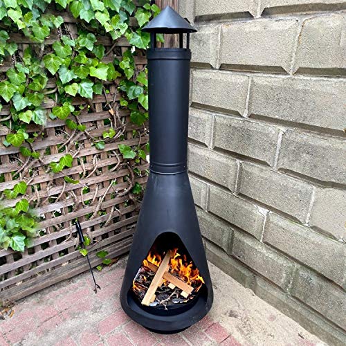 Sunnydaze Outdoor Wood Burning Steel Chiminea Fire Pit - Heavy Duty Black Metal Firepit with Log Poker, Grate and Rain Cap - Backyard Patio Fireplace - 56 Inch