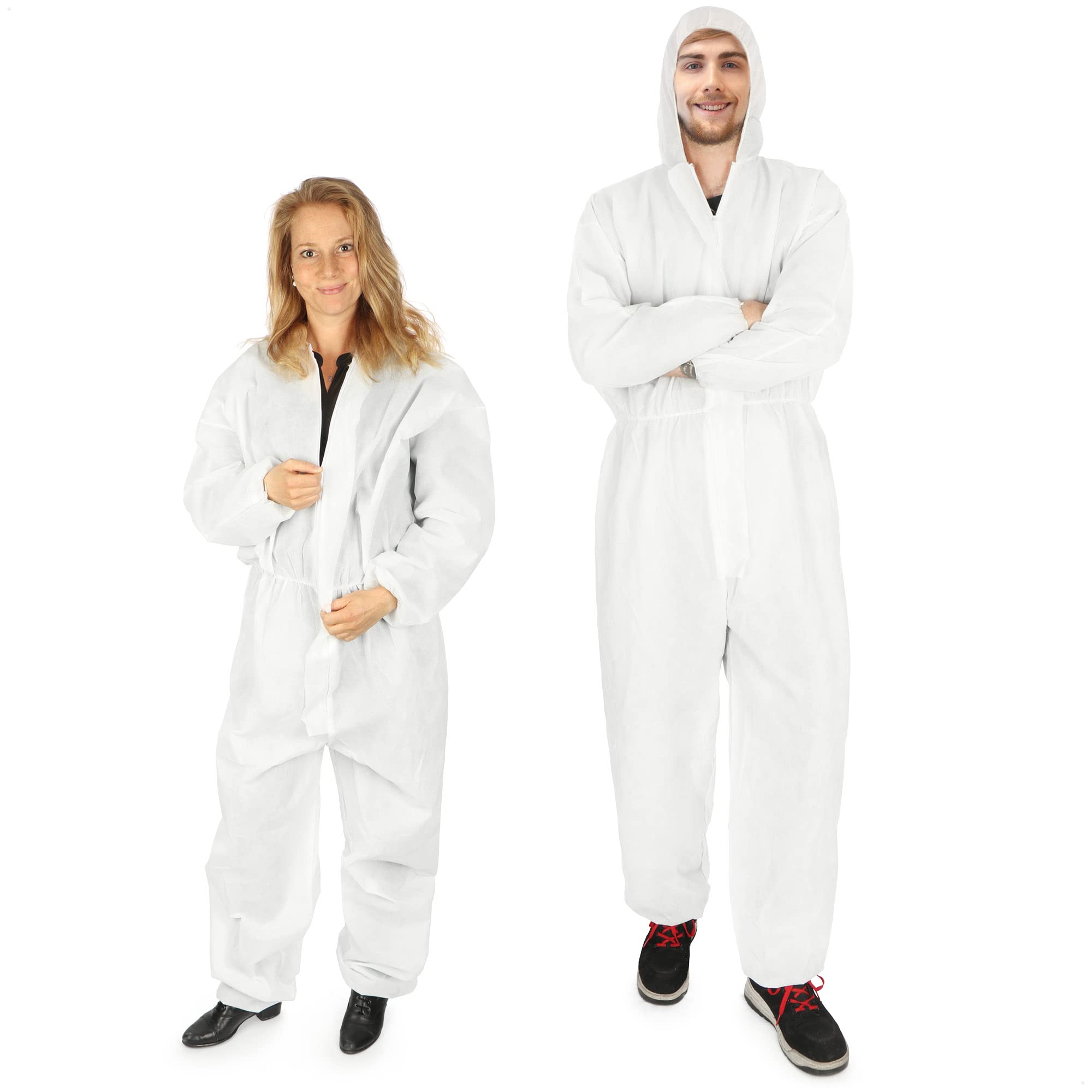 com-four® 2x protective suit with hood and zipper - single-layer painter's overall one-size - height from 160 to 200 cm - protective clothing (2 pieces - white)