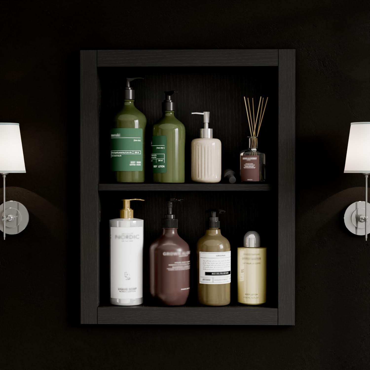 Photo 1 of HAIDAIYA 14'' * 18'' Recessed Medicine Cabinet Wall Niche Wood, 2-Tier Bathroom Niche Insert for Drywall, in Wall Shelf Medicine Cabinets Replacement, for Living Room, Bathroom Storage, Black