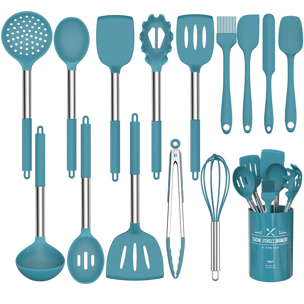 Photo 1 of 15 Pcs Silicone Cooking Utensils Kitchen Utensil Set - Umite Chef 446°F Heat Resistant Stainless Steel Handles Kitchen Gadgets Tools Set for Nonstick Cookware(Blue)