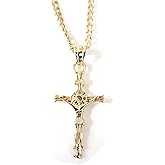 RIVETING JEWELRY 14K Gold INRI Crucifix Chain Small Cross Pendant Necklace Solid Clasp for Women, Men, Wife, Husband, Thin for Charms Miami Cuban Link Baptism Religious Gift for him her