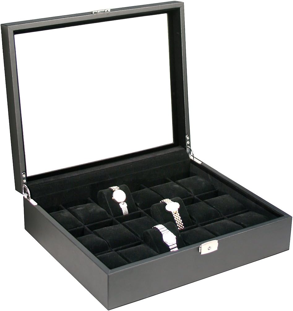 Classic Black Glass Top Watch Box Display Case with Deep Slot for Larger Watches Holds 18 Watches
