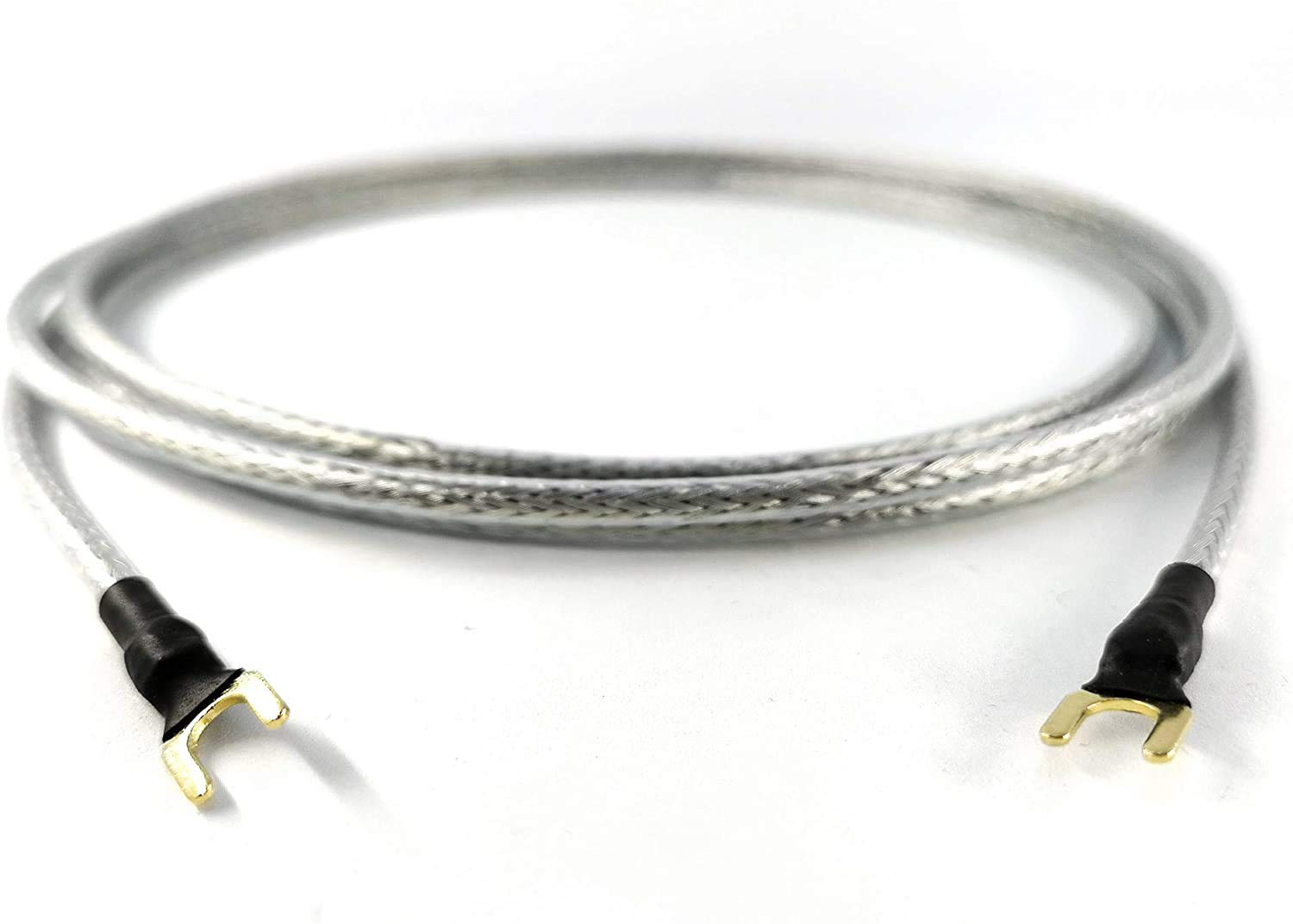 1.25 m Earthing Cable 1 x 0.50 mm² for Turntable Phono Devices with Ground Connection Including Gold-Plated Fork Shoe Ground Cable Transparent Silver Braided Shield