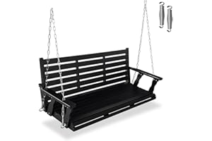 MEGA CASA Wooden Porch Swing, Ergonomic Seat, Bench Swing with Hanging Chains and 7mm Springs, Heavy Duty 800 LBS, for Outdoor Patio Garden Yard (Carbon Black, 3-Seater Extra Large)