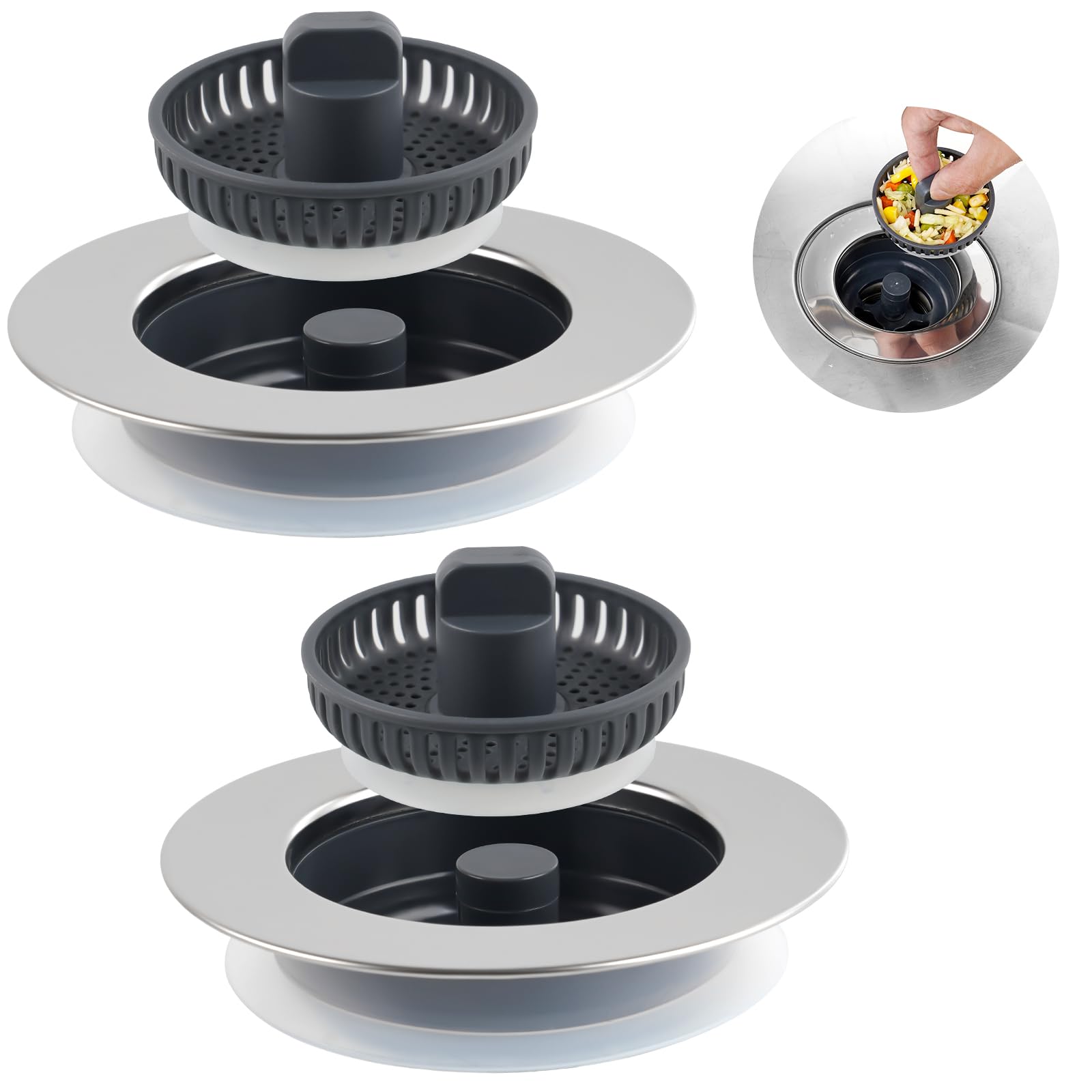 Photo 1 of 2 Pack Universal Kitchen Sink Drain Strainer Stopper, Stainless Steel Wrapped Pop Up Sink Stopper Strainer Basket for Standard 3-1/2 Inch Kitchen Sink, 3-in-1 Kitchen Sink Drain Stopper, Chrome