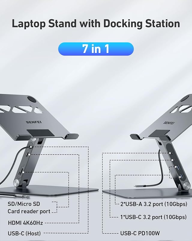 Laptop Ständer mit 7-in-1 USB C Dockingstation – HDMI (4K@60Hz), 1×SD& 1×Micro SD Kartenleser, 100W Power Delivery, 10Gbps (1×USB-C & 2×USB-A 3.2) – Für MacBook Pro/Air iPad Pro XPS & ThinkPad
