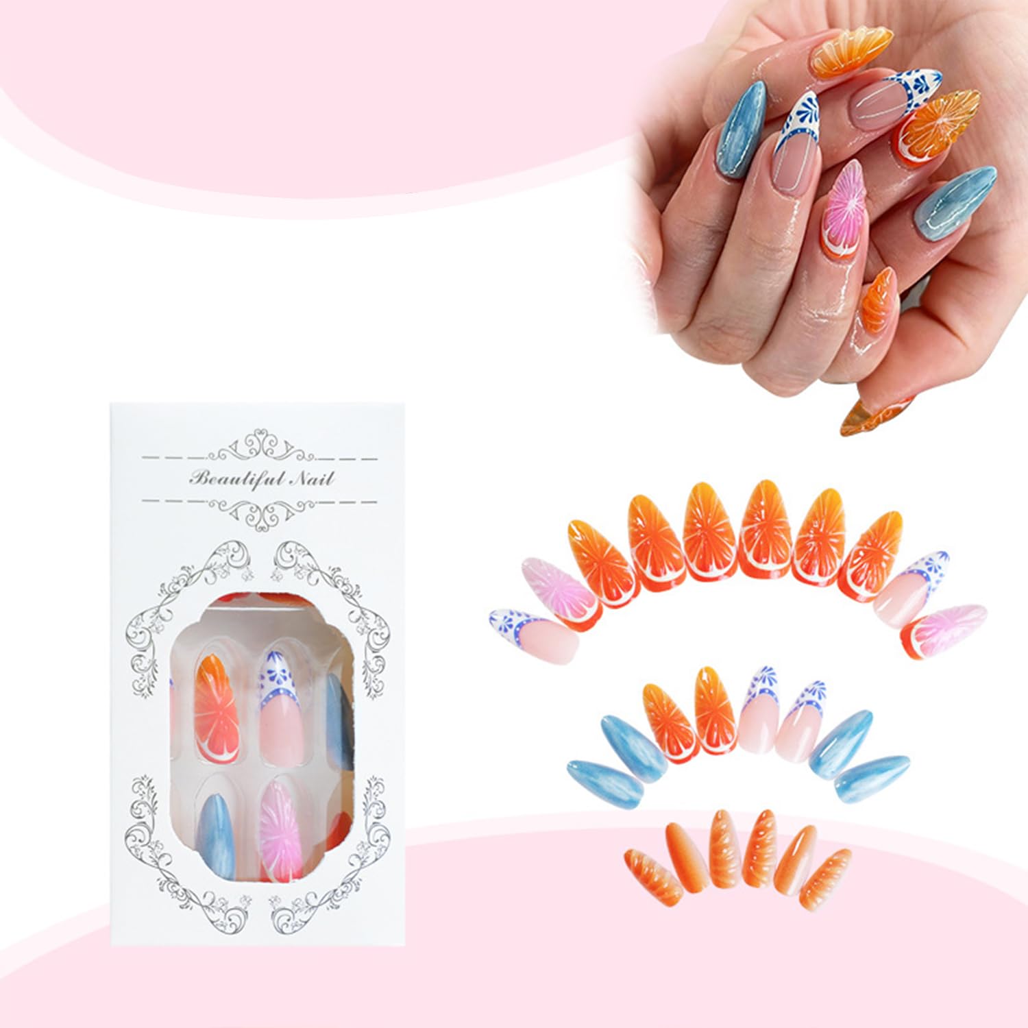 Tyuimhx 3D Oranges Press on Nails Medium Almond Fake Nails Summer Fruit False Nails Full Cover Stick on Nails Acrylic French Tip Artificial Nails for Women Glue on Nails 24Pcs - Image 3