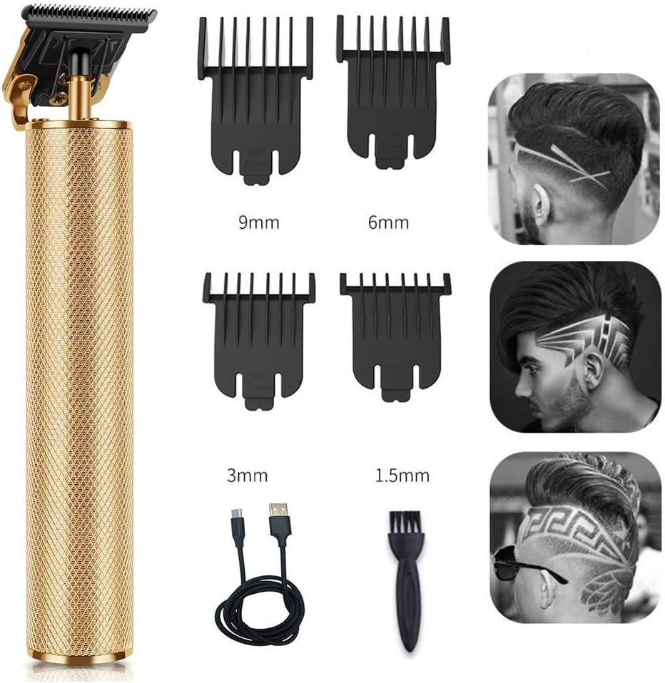 Electric Pro Li Hair Clippers Grooming Rechargeable Cordless Close Cutting T-Blade Trimmer for Men 0mm Baldheaded Hair Clippers Zero Gapped Detail Beard Shaver Barbershop (Gold)