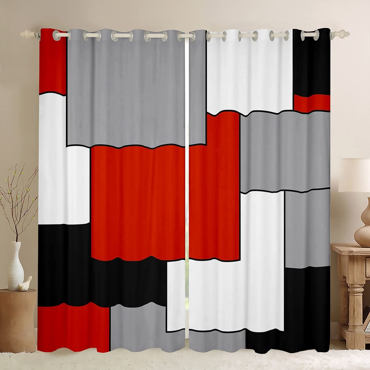 Geometric Plaid Art Window Curtains for Bedroom Living Room Red Black Grey Grid Curtains for Kids Boys Girls Geometric Grid Window Drapes Soft Window Treatments W52*L63
