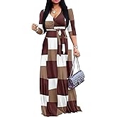FANDEE Women Print Maxi Dress V Neck 3/4 Sleeve for Women Casual Tie Waist Belted Dresses