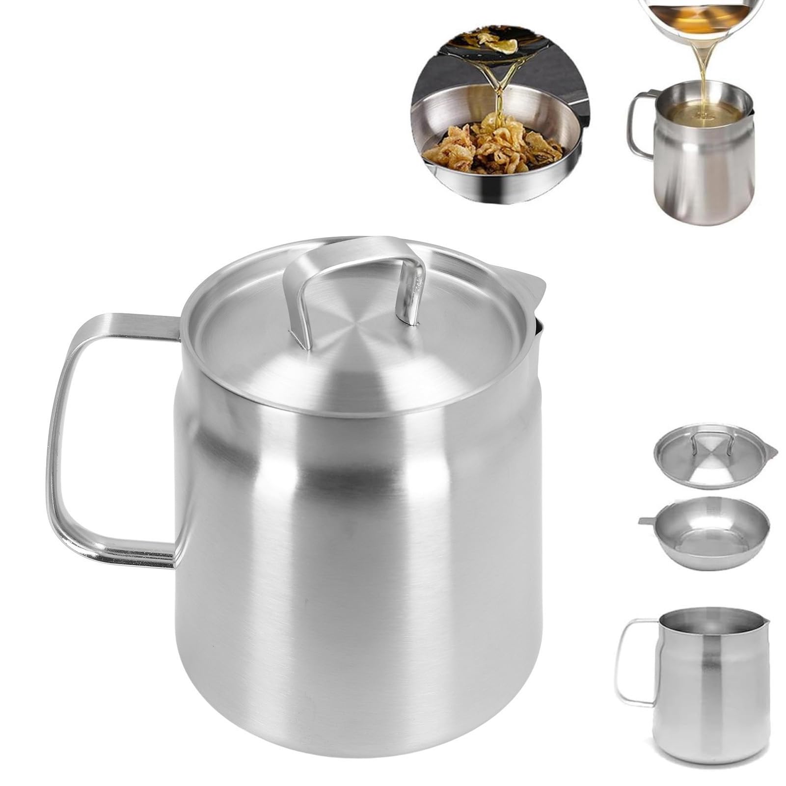 Photo 1 of (Filter not included) Stainless Steel Oil Filter Pot, Oil Separator with Filter Cover, Large Capacity Oil Filter Vessel Bacon Grease Container, Frying net Tank for Kitchen Frying (1.5L)