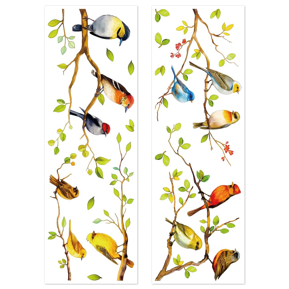 Peacoblue Reusable Window Static Clings Stickers Decal 30cm×90cm, 2 Sheets with 15PCS Perching Birds Patterns Removable Double Sided Window Sticker Cling Home Office Decor for Glass Windows Mirror