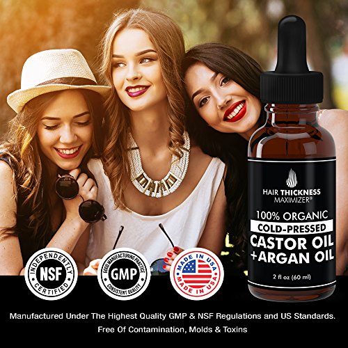 100% Organic Cold Press Castor Oil + Argan Oil by Hair Thickness Maximizer. Great For Thickening Hair, Eyelashes, Eyebrows. Best 2-in-1 Treatment for Hair Loss, Thinning Hair For Men and Women