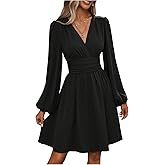 SOLY HUX Women's Elegant Dress V Neck Long Sleeve High Waist Swing Prom Cocktail Short Dresses