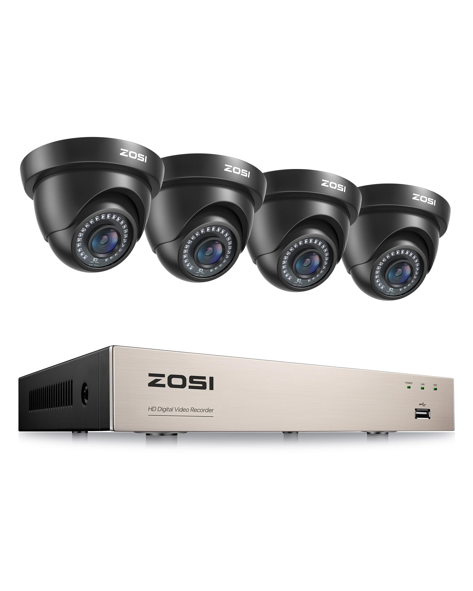 ZOSI 1080P CCTV Camera System 8 Channel H.265+ 5MP Lite Surveillance DVR and 4 x1080P Outdoor CCTV Cameras With AI Human/Vehicle Detection, Dome Black HD Smart Security Camera System, NO Hard Drive