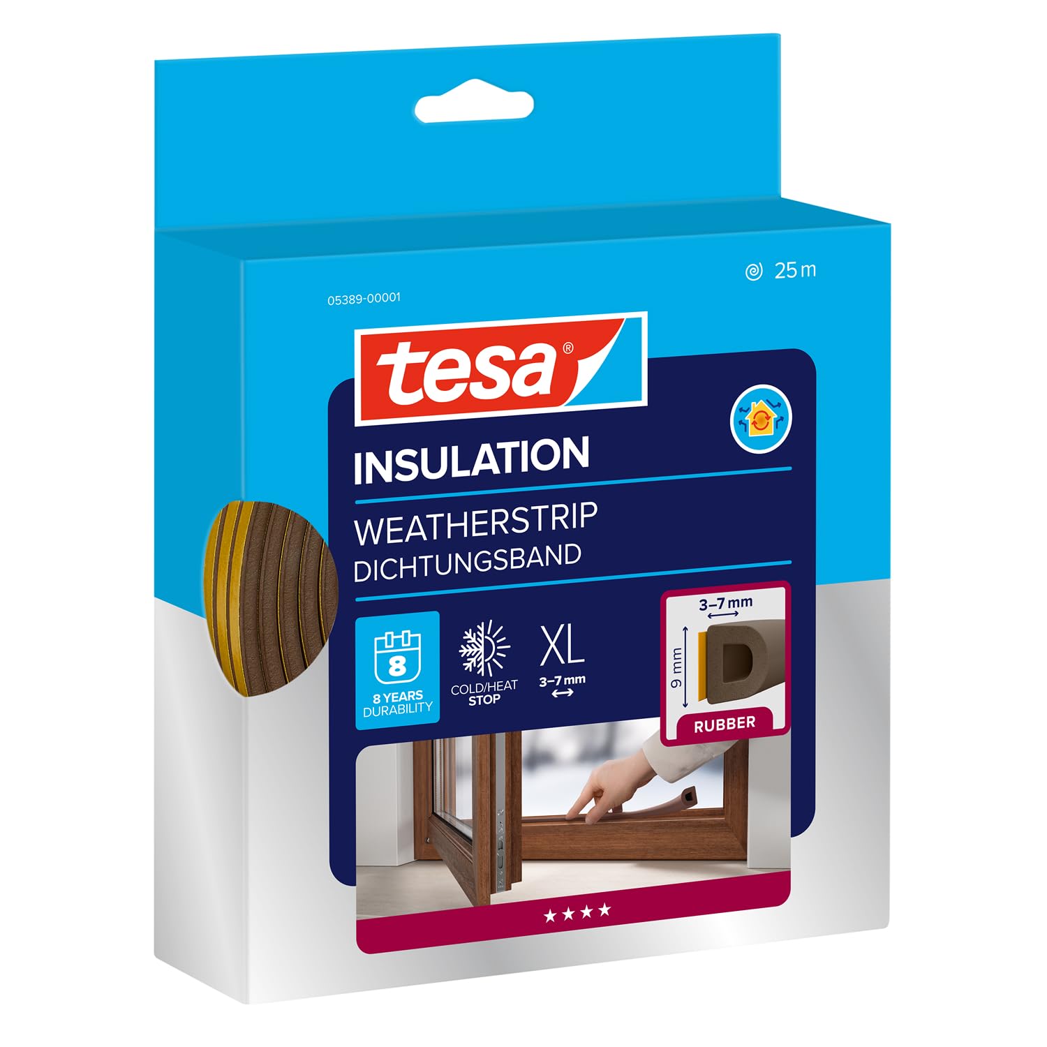 tesa INSULATION Weatherstrip Rubber XL - Rubber Seal - Self-adhesive Seal for Insulating gaps on windows and doors - Brown - 25 m x 9 mm x 7 mm