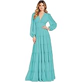 zoteno Puffy Sleeve Bridesmaid Dresses for Women Ruffles Long Tiered Pleated Chiffon V Neck Formal Wedding Guest Dress