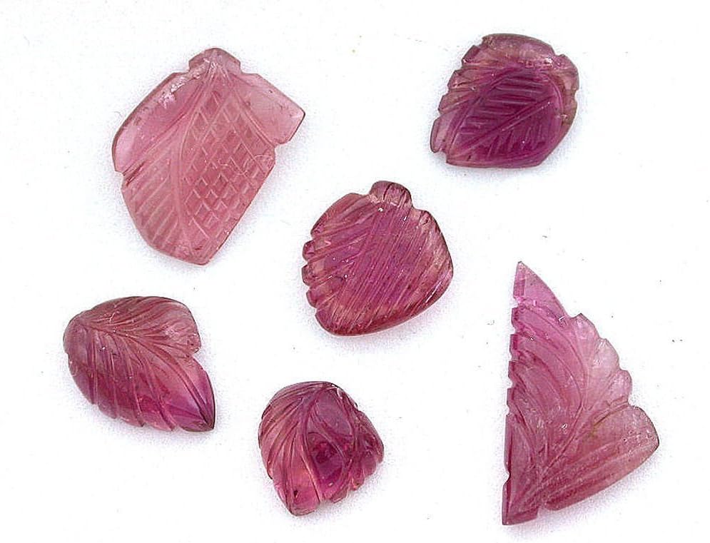 22.95 Carat Six Assorted Natural Pink Red Tourmaline Leaf Carving Gem Stone Gemstone