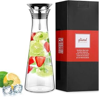 Glastal 1L Glaskaraffe Glaskrug aus Borosilikatglas Wasserkrug mit Edelstahl Deckel Karaffe Glaskanne 11.2 * 31.5cm