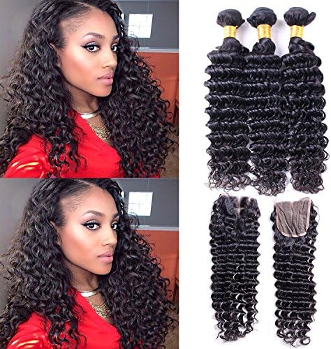 Brazilian Deep Wave Hair 3 Bundles With Closure 7a Unprocessed Brazilian Virgin Deep Wave Curly Hair Weave With Lace Closure 4x4 Free Part ( 20 22 22 +18 )