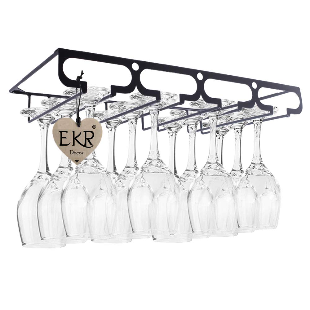 EKR Under cabinet wine glass rack holder dining storage dinner stemware racks organizer for home kitchen bar counter cup closet 4 rows shelves glassware stainless metal (4 Rows, Black)
