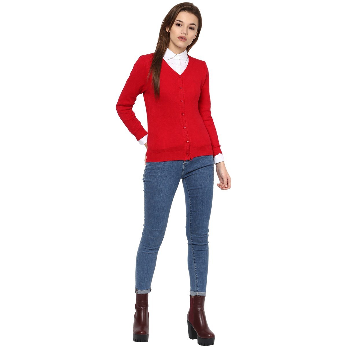 camey women red cardigan without shirt