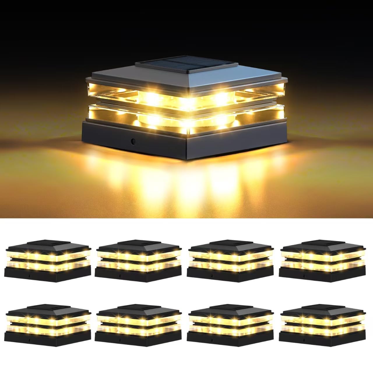 Photo 1 of EXCMARK 4x4 Solar Post Cap Lights Outdoor Waterproof 8 Pack Fence Deck Post Lights with High-Brightness LEDs, Dual Light Modes Warm White & Cool White. (Classic Black, 8)