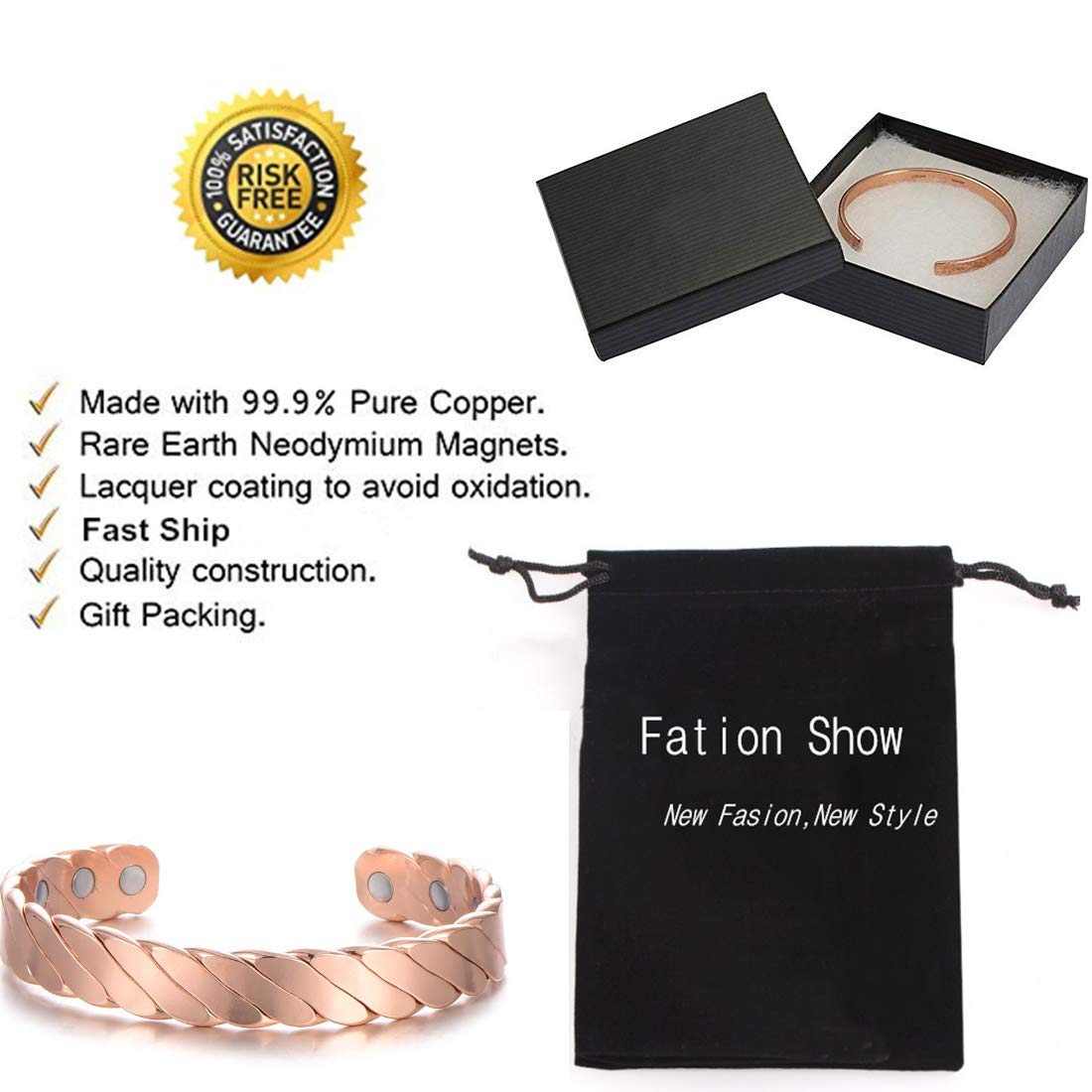 Copper Bracelets for Men and Women-Magnetic Bracelet for Arthritis-6 Powerful Magnets - Effective & Natural Relief of Joint Pain and Carpal Tunnel