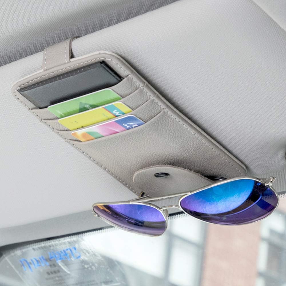 MLOVESIE Leather Car Visor Sunglasses Holder Sun Visor Credit Card Organizer Universal Fit (Gray New)