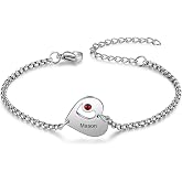 Luxladis Personalized Name Heart Bracelet with 1-6 Birthstones Custom Bracelet for Women Engraved Names Link Bracelets for Mother's Day Mom