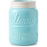 Comfify Blue Mason Jar Utensil Holder, Wide Mouth | Blue mason jar ceramic; 6.75"H x 5.5" base; fits 10+ utensils; DISHWASHER SUITABLE; farmhouse kitchen decor