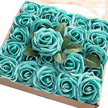 Ling's moment Artificial Flowers 50pcs Real Looking Teal Green Fake Roses w/Stem for DIY Wedding Bouquets Centerpieces Bridal Shower Party Home Decorations