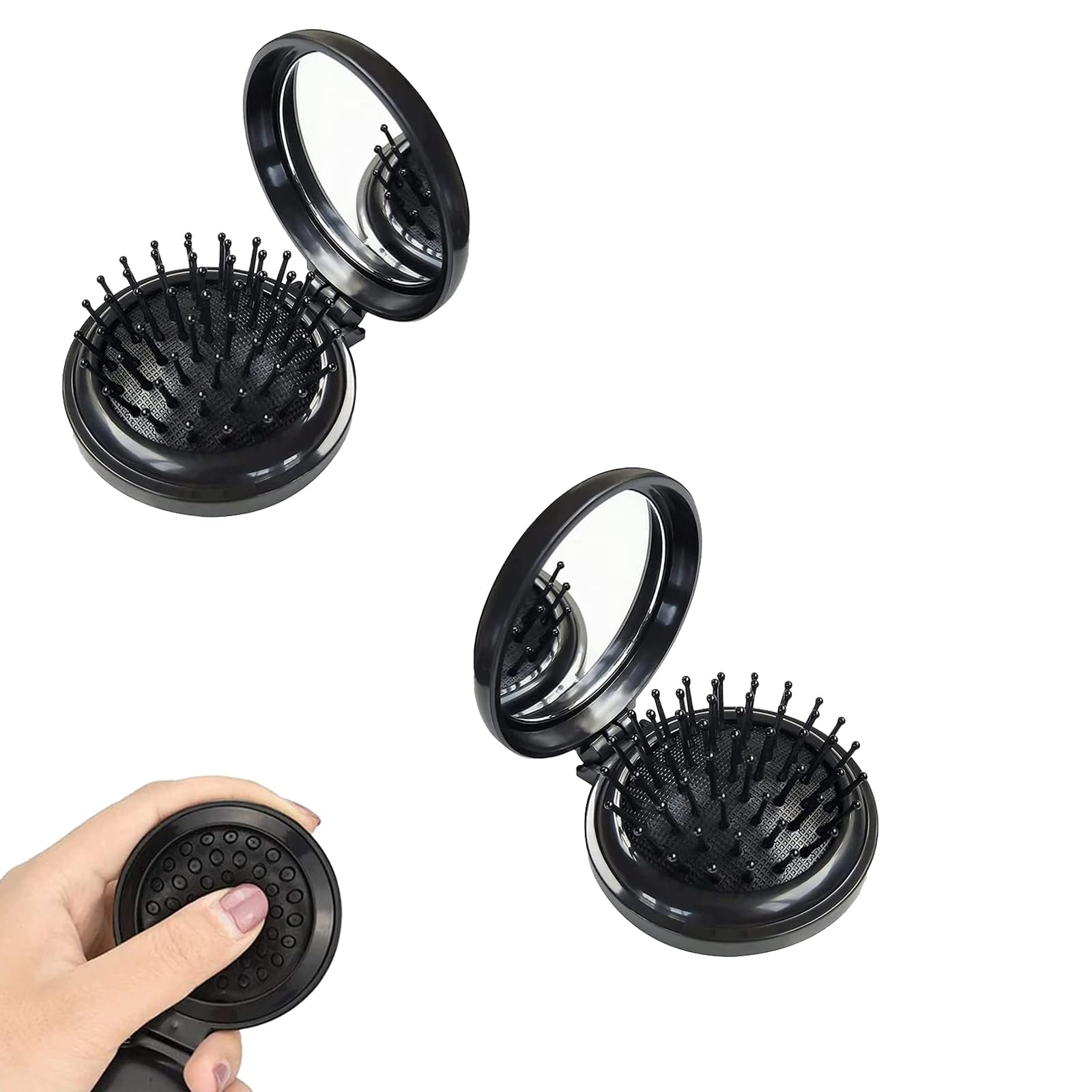 ieron 2Pcs Mini Foldable Hair Brushes with Travel Mirror Round Comb Pocket Size Hair Massage Brush for Men Women and Girls -Black