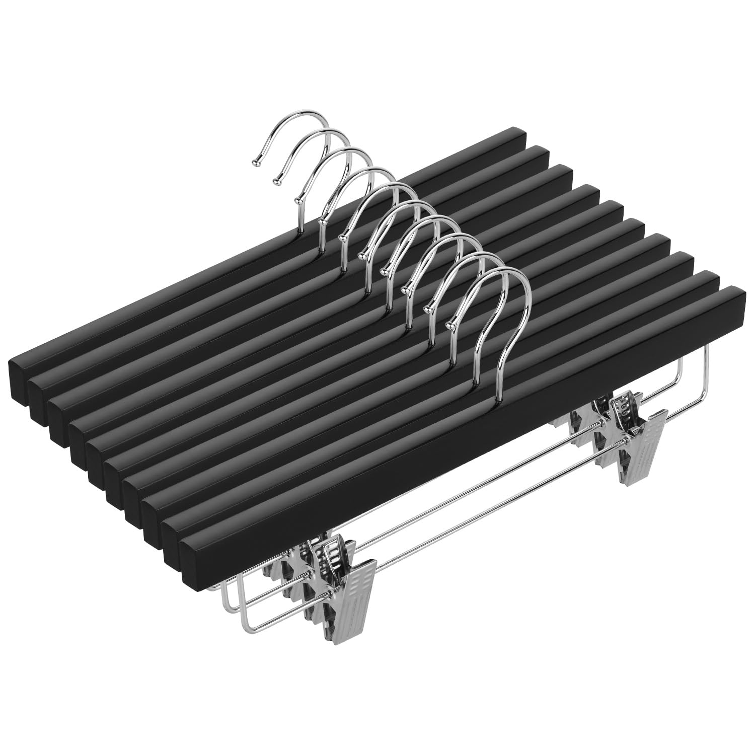 Photo 1 of AMKUFO 20pcs Wooden Pants Hangers Solid Pants Hangers with Adjustable Clips 14 Inch Black Wood Skirt Hangers Trousers Bottom Hangers with Non-Slip Clips and 360° Swivel Hook