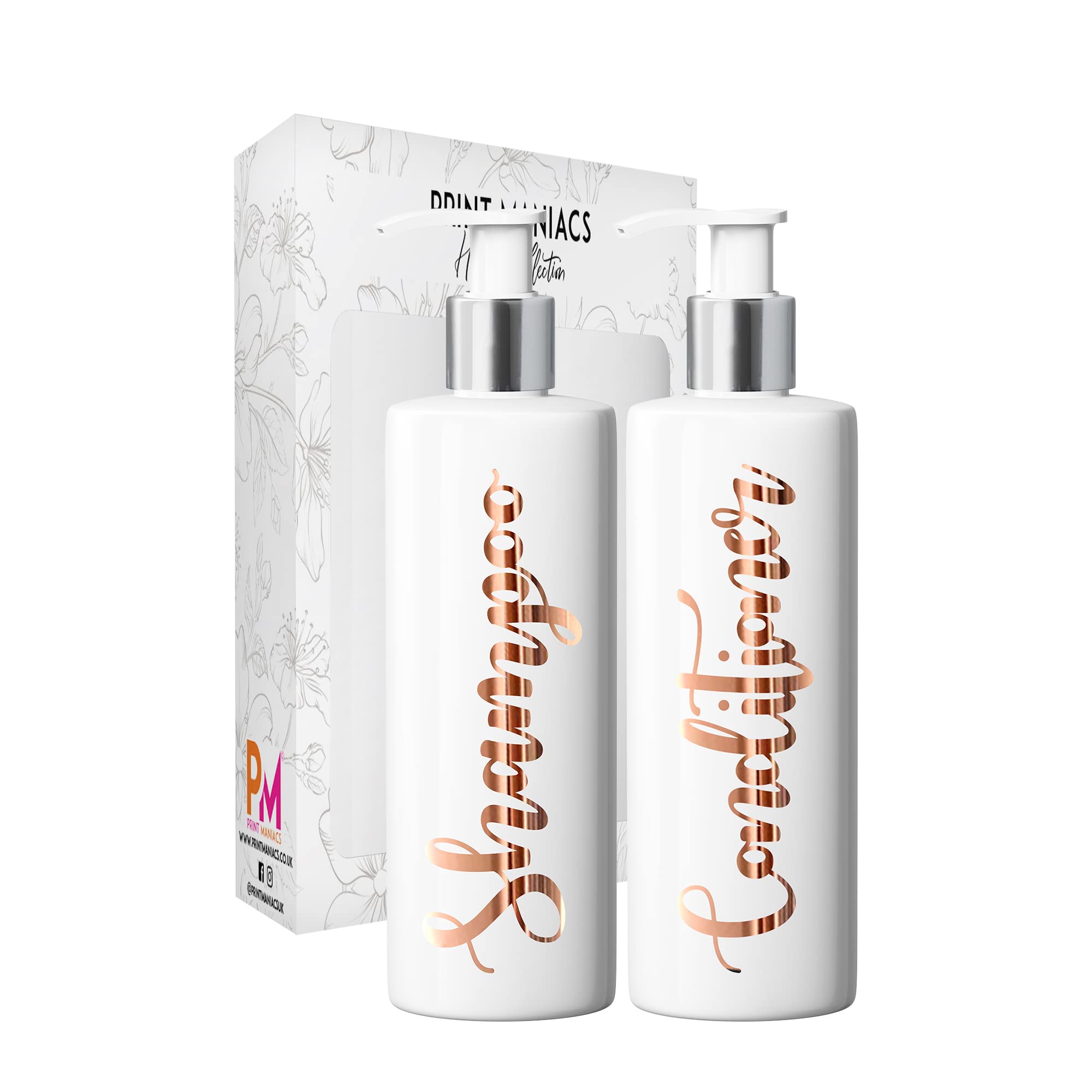 Print Maniacs 2 Set Mrs Hinch Inspired White Personalised Dispenser Pump Bottles Shampoo Conditioner (Copper)