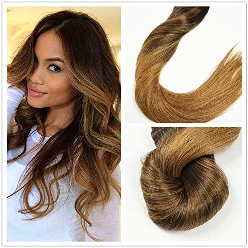 Stella Reina 120g 7 Pieces Clip In Hair Extensions Pastel Ombre Color Dye Caramel Auburn Balayage Highlights on Dark Brown Hair #2/8 Natural Remy Human Hair 22 Inch Long For Women