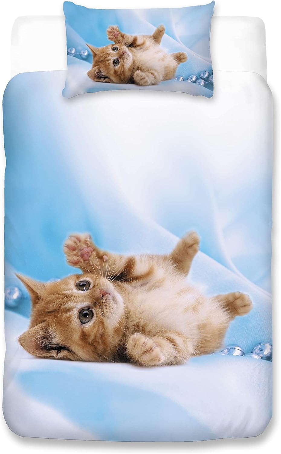 MUSOLEI Cat Bedding Set Single Duvet Cover & Pillowcase - 2PC Ultra-Soft Microfiber Blue Kids Bedding Set with Cute Animal Print, 135x200cm+50x75cm, Cozy Bed Set for Girls, Boys, Teens