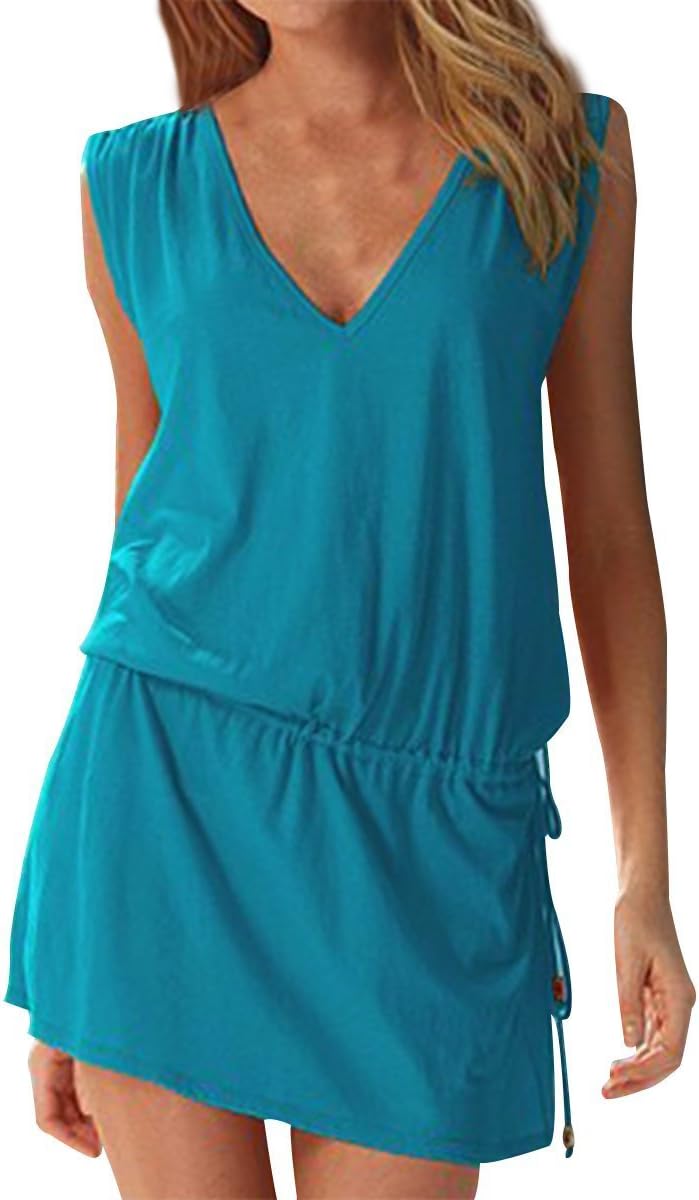 Summer Womens Casual Sleeveless Beach Dress Ladies Sexy V Neck Halter Backless Mini Kimono Dresses Beach Bikini Cover Up Caftan Tunic Top Drawstring Sundress for Party Cocktail Holiday Going Out Wear