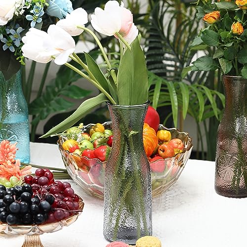 QENUIITEA Set of 4 Tall Flower Vases Clear, 10.6 Inch Assorted Color Glass Vase Round Floral Bottles Decorative for Centerpieces Home Office Decoration Wedding Reception Table Decor