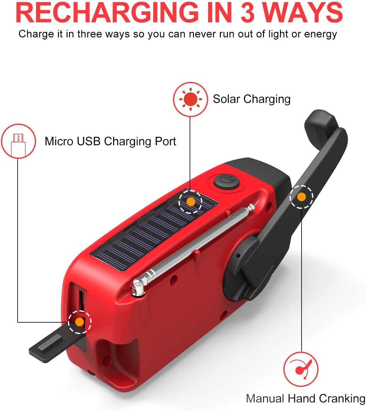 [Upgraded Version]Emergency Radio, Esky 3W LED Flashlight Hand Crank Radio, Self Powered AM/FM NOAA Weather Radio, Portable Solar Radio 1000mAh Power Bank USB Charger for iPhone/Smart Phone (Red): Electronics