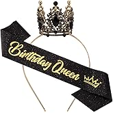 Birthday Queen Sash for Women Tiara & Crowns Headbands for Girls Happy Birthday Party Accessories Favor Supllies Leona Gold Black Pink, 2 Pack