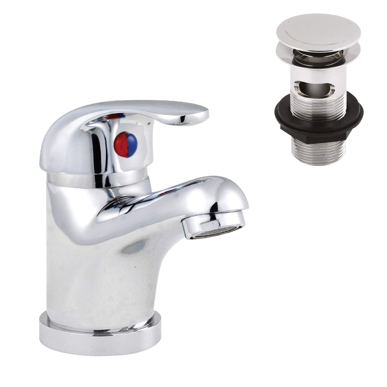 nuie DTY345 Eon Modern Bathroom Round Single Lever Mono Basin Mixer Tap with Push Button Waste, 94 x 40 x 123mm , Chrome