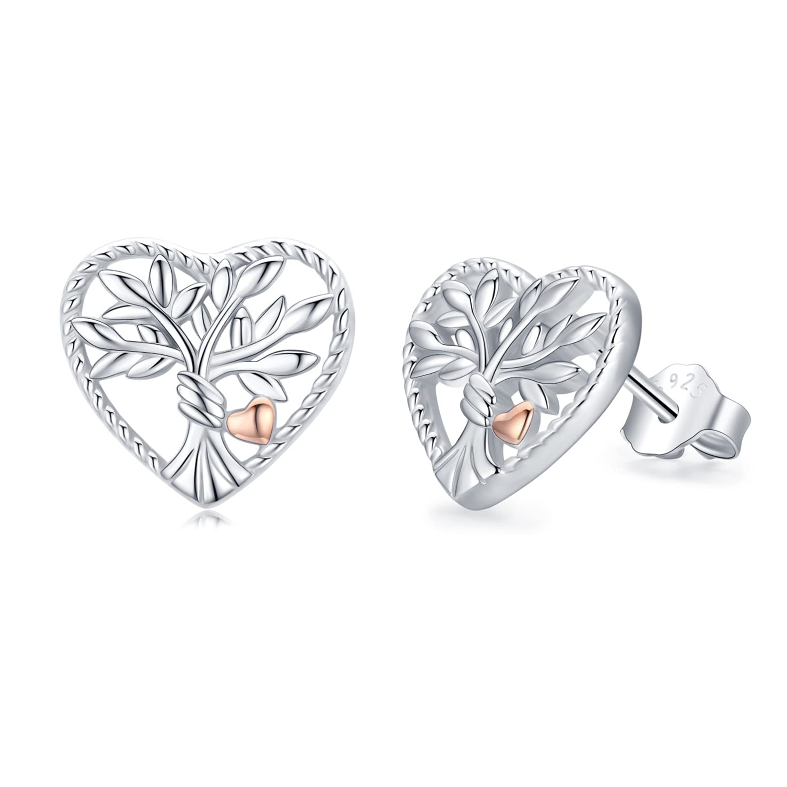 Tree of Life Earrings for Women 925 Sterling Silver Cute Hypoallergenic Stud Earrings Love Heart Earrings Family Tree Jewellery Gifts for Women Girls