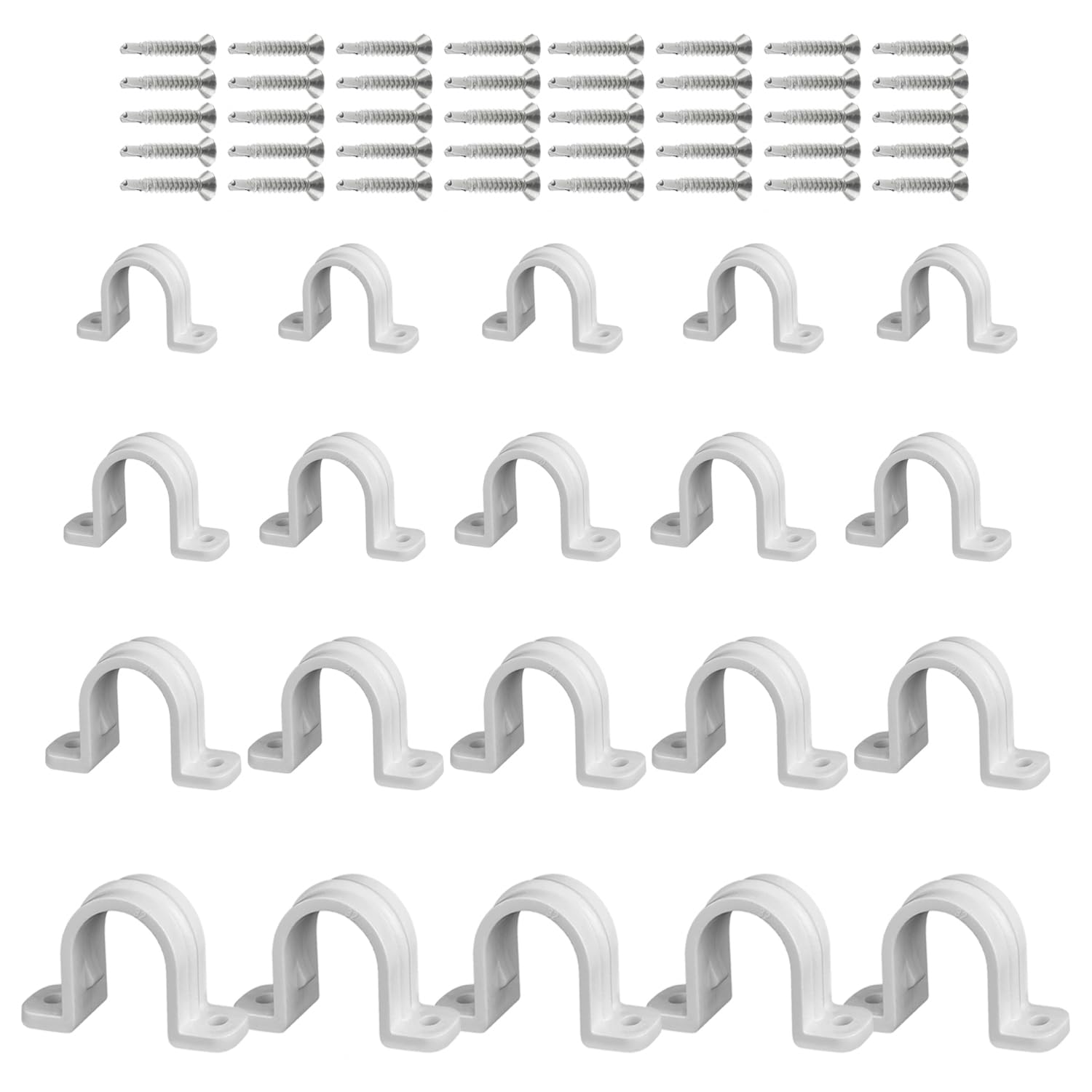 Photo 1 of 20 Pcs  Clamps, CNYMANY 2 Holes PVC Conduit Strap Clips SCH 3/8 1/2 3/4 1 Inch with 40 pcs M4.2 Screws, Plastic White Conduit Mounting U Brackets with Screw Holes for Fixing Water Piping Support