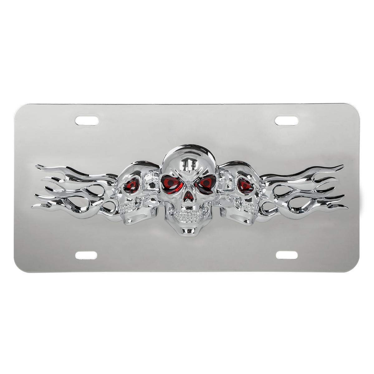 GG Grand General 60288 Stainless Steel License Plate w/ 3D Small Skulls Emblem, 4 Holes, Chrome