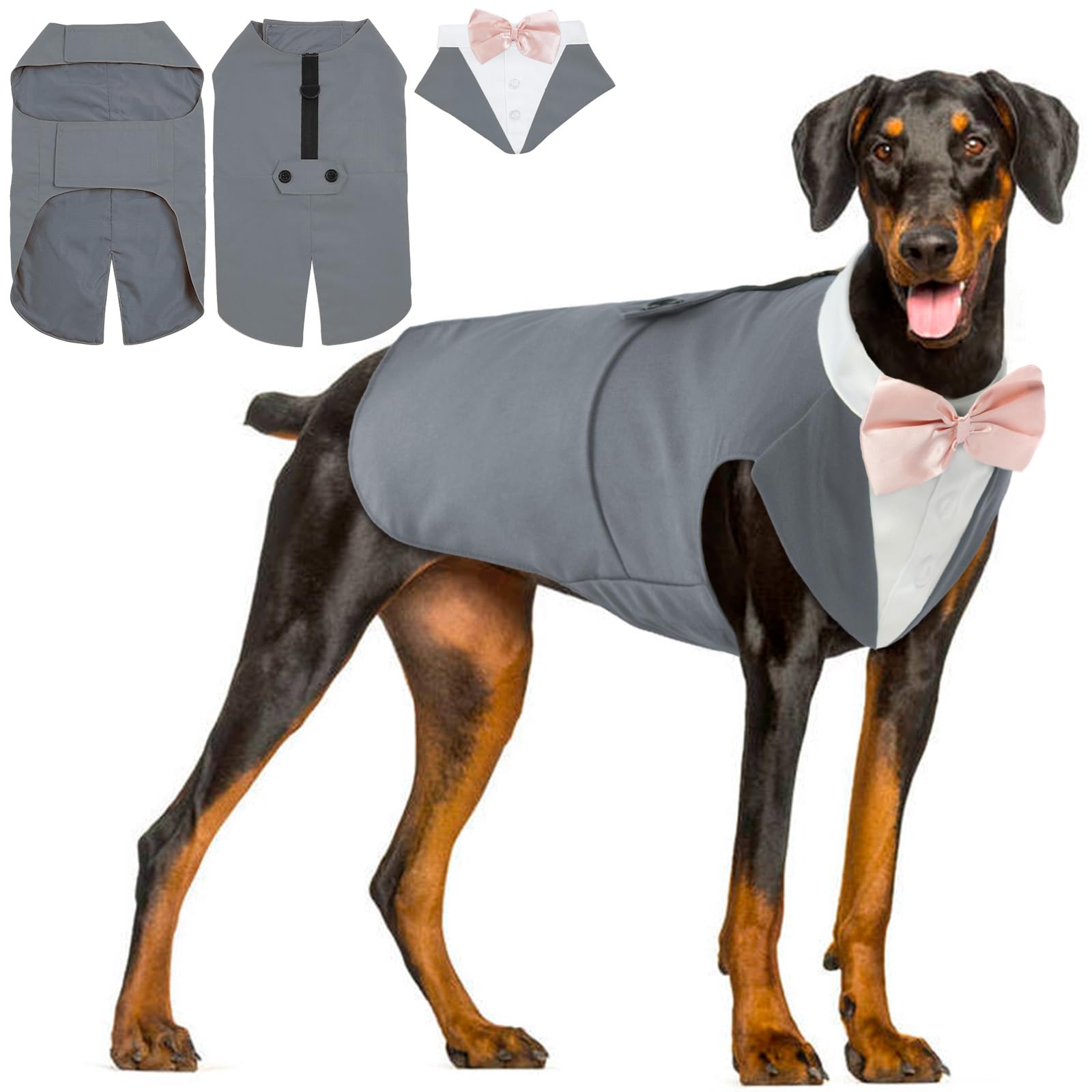 Dog Tuxedo and Wedding Outfit Set - Formal Shirt With Removable Bow Tie, Pet Clothes Puppy Suit for Small Medium Large Dogs, Party Birthday Festival