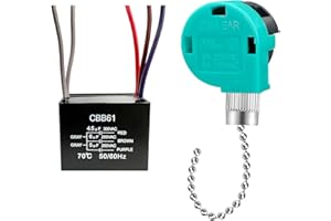 YukiHalu Ceiling Fan Pull Chain Switch 3 Speed 4 Wire, Ceiling Fan Capacitor CBB61 4.5uf + 6uf + 5uf 5 Wire 250V, Light Switch for Fan and Light