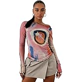Women's Sexy Mesh See Through T Shirt Fashion Money Print Long Sleeve Crop Top Slim Tee Tops